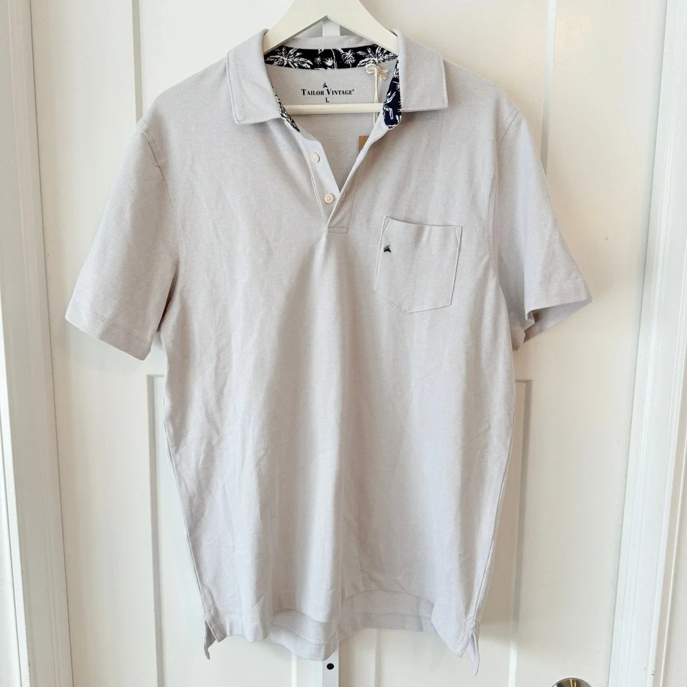 Tailor Vintage Mens Large Gray Pique Polo Shirt Palm Tree Collar Trim NWT - Picture 1 of 4